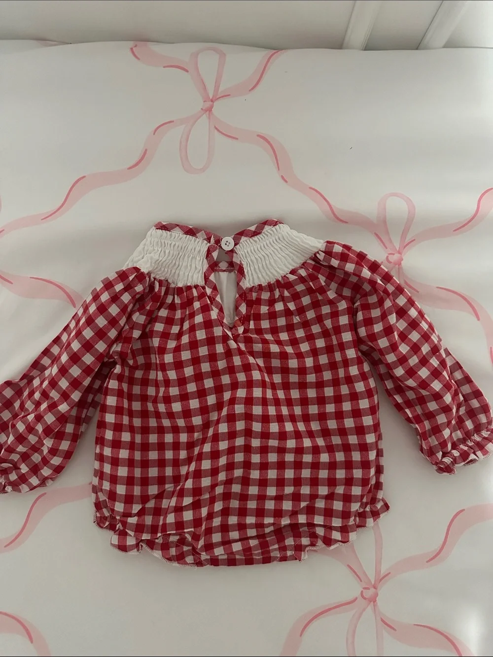 Red Gingham Baby Romper with Holiday Smocked Collar
